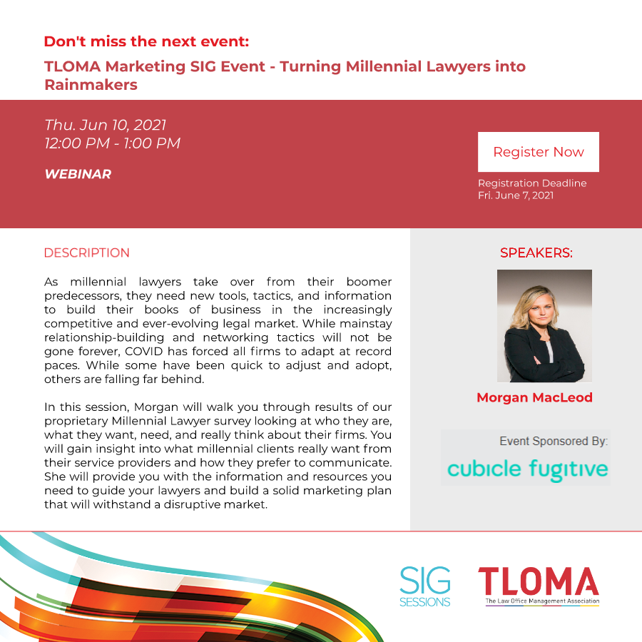 Red Carpet - Webinar - TLOMA Marketing SIG -Turning Millennial Lawyers into Rainmakers - email leaderboard
