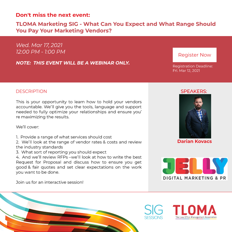 Red Carpet - Webinar - TLOMA Marketing SIG Event - What Can You Expect and What Should You Pay Your Marketing Vendors? - March 17, 2021